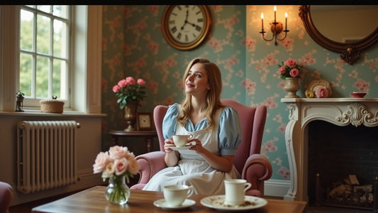 Jeune femme dans un fauteuil rose tenant une tasse de thé, dans un salon romantique à la décoration florale, ambiance inspirée d’Alice au pays des merveilles