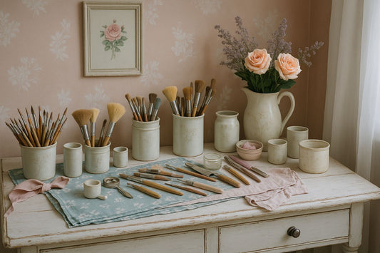 Atelier de peinture shabby chic avec pinceaux dans des pots crème sur un bureau en bois vieilli, ambiance douce et vintage avec mur rose fleuri