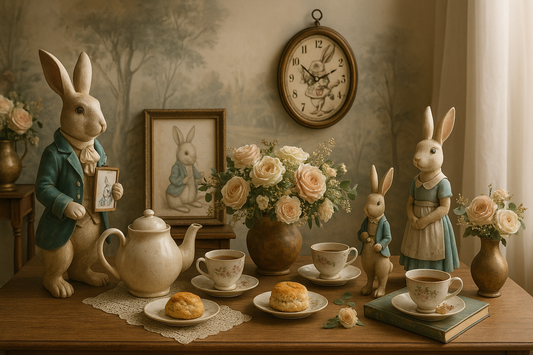 Table de thé façon Alice au Pays des Merveilles, décorée de figurines de lapins, vaisselle vintage et fleurs dans un intérieur shabby chic éclairé naturellement