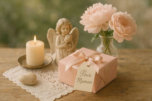 Table romantique avec objets déco vintage, bouquet de fleurs et coffret cadeau pour maman
