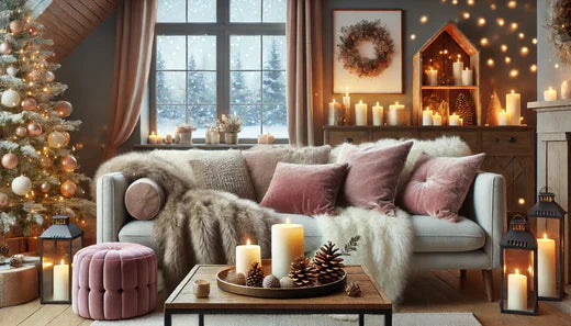 Un salon cosy décoré pour l'hiver avec des plaids en fausse fourrure, des coussins en velours et des bougies allumées sur une table basse