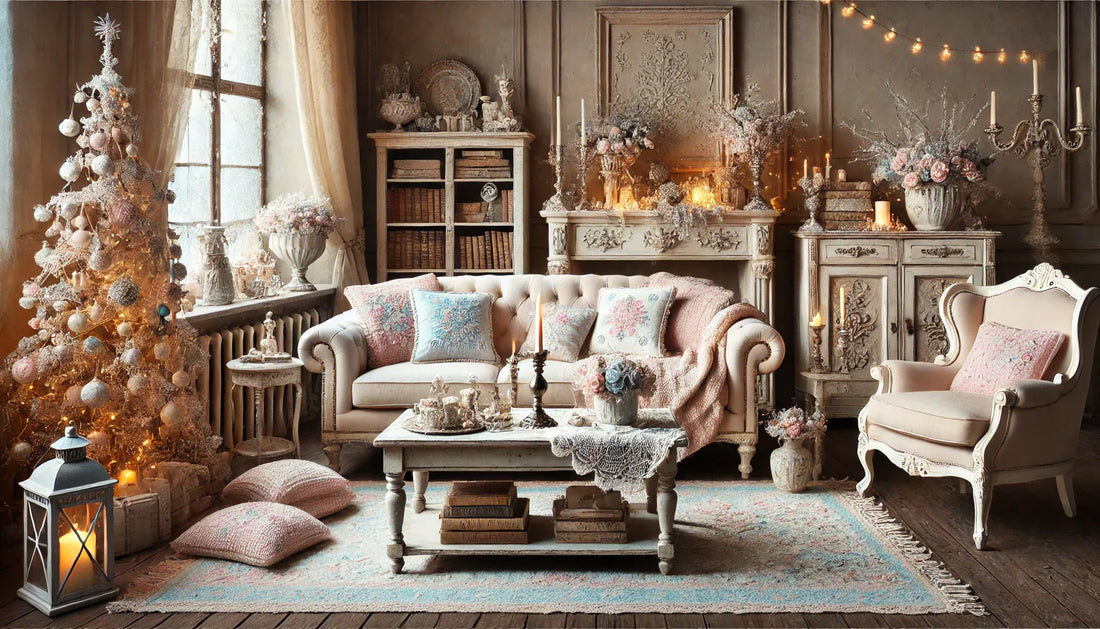 Salon Shabby-chic romantique en hiver, avec canapé beige, coussins pastel, table en bois patiné, chandelier argenté, tapis floral et guirlandes lumineuses pour une ambiance élégante et chaleureuse