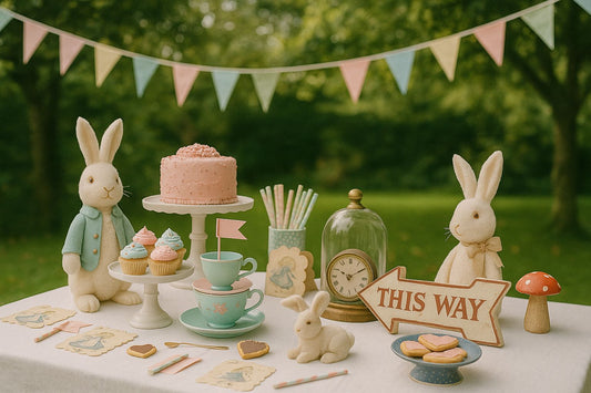 Table d’anniversaire champêtre sur le thème d’Alice avec lapins en peluche, gâteau rose, tasses empilées et guirlande pastel suspendue aux arbres