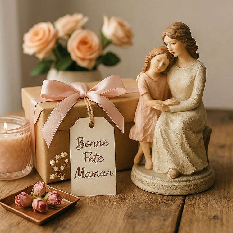 Mise en scène romantique d’un cadeau de Fête des Mères avec figurine mère-fille, bougie rose et roses fraîches sur fond bois.