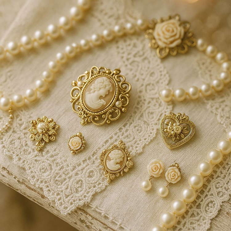 Gros plan sur bijoux vintage posés sur dentelle crème : colliers de perles, camées, broches florales et boucles d’oreilles romantiques, ambiance douce et élégante