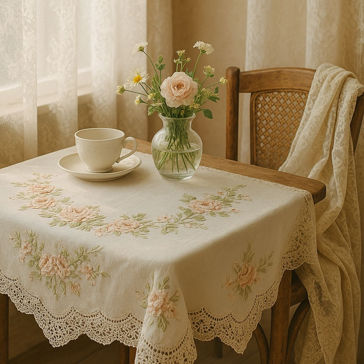 Nappe brodée sur table en bois, bouquet de fleurs et tasse à thé, avec rideaux en dentelle bien visibles à la fenêtre et étoffe assortie posée sur une chaise dans une lumière douce