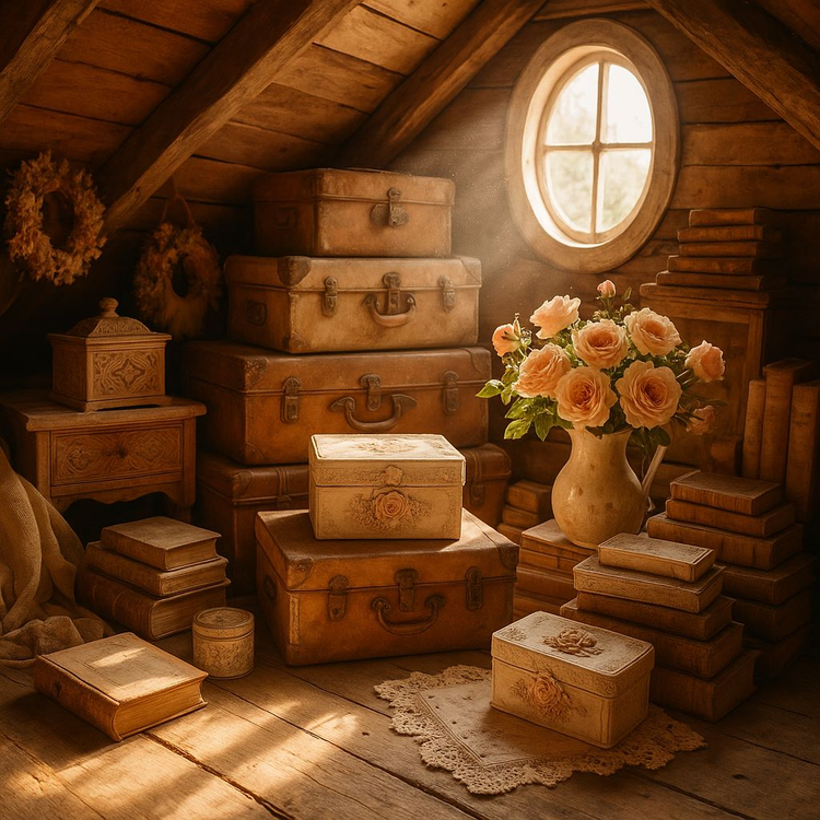 Grenier baigné de lumière chaude avec malles anciennes, livres, boîtes florales et vase de roses sur napperon, ambiance romantique et chaleureuse