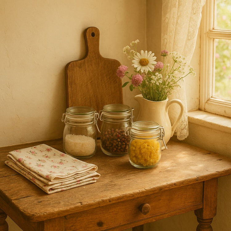 Coin de cuisine vintage avec rideaux en dentelle, table ancienne en bois, bocaux en verre, torchons fleuris, planche rustique et bouquet printanier dans un pichet en céramique.