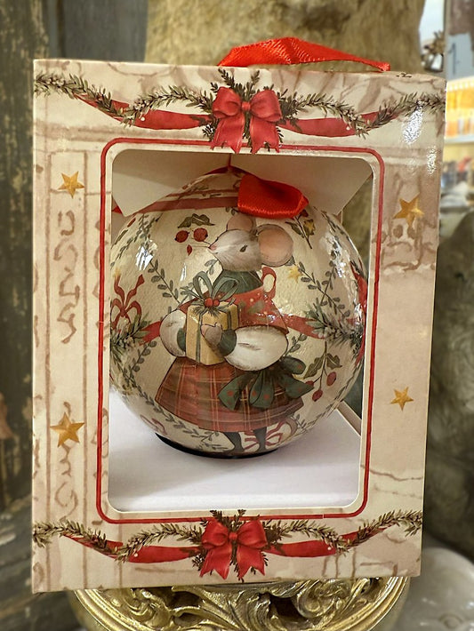 Boule de Noël en papier Blanc MariClò avec motif de souris et ruban rouge, décoration romantique shabby chic aux tons blanc, rouge et vert