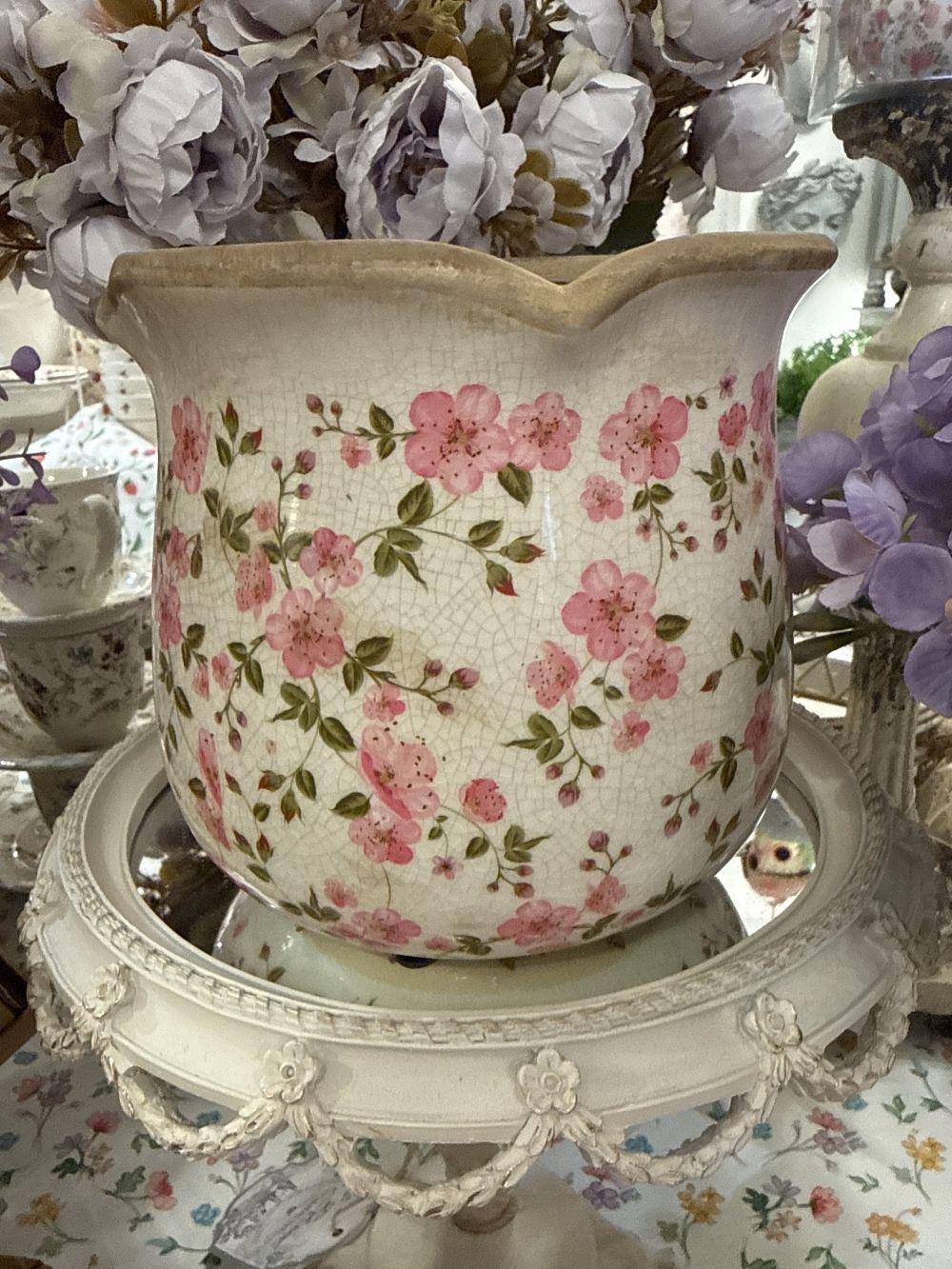 Cache-pot Liberty fleuri blanc à motifs roses, cache-pot décoratif shabby chic romantique pour intérieur de charme