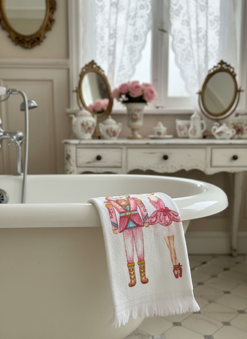 Essuie-mains en coton motif Casse-Noisette rose ballerine, style romantique et shabby chic, textile décoratif idéal pour sublimer la salle de bain ou la cuisine dans une ambiance douce et festive