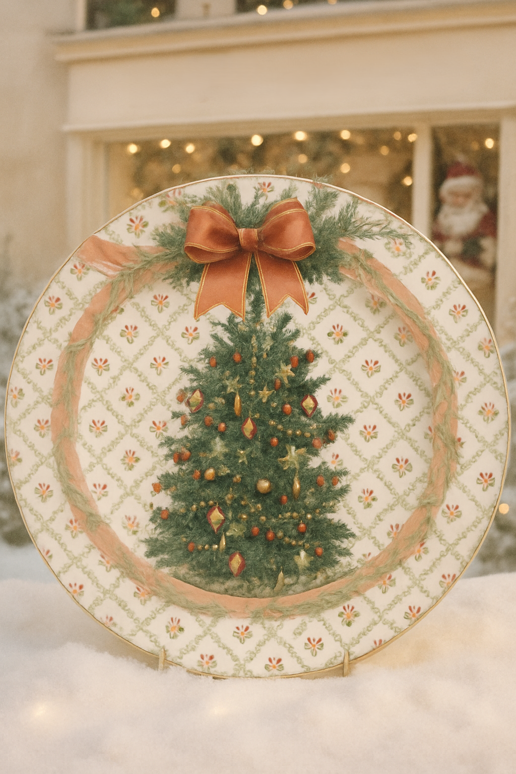 Plateau de Noël en métal émaillé Blanc Mariclò décoré d’un sapin vert et d’un ruban rouge, style romantique et shabby chic pour une déco de charme festive.