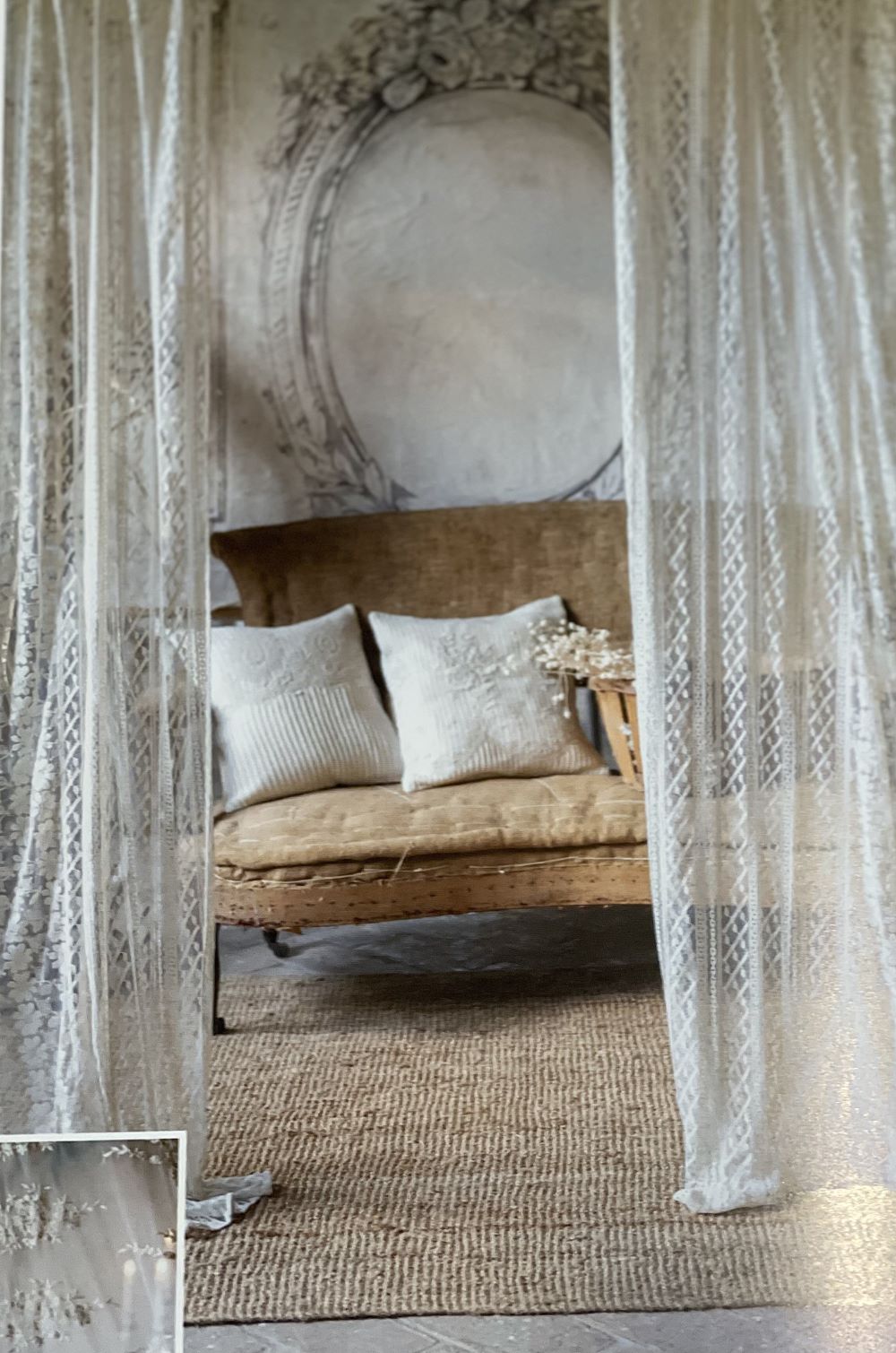 Rideau en dentelle Blanc Mariclo ivoire à nouettes, 140x290 cm, style romantique shabby chic et décoration poétique