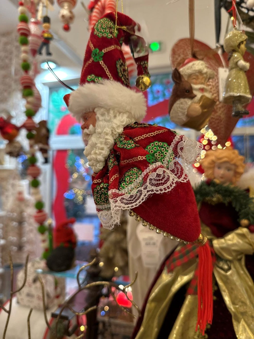 Suspension Père Noël décorative de 33 cm, rouge, blanc et vert, style romantique et shabby chic, idéale pour une décoration de Noël féérique