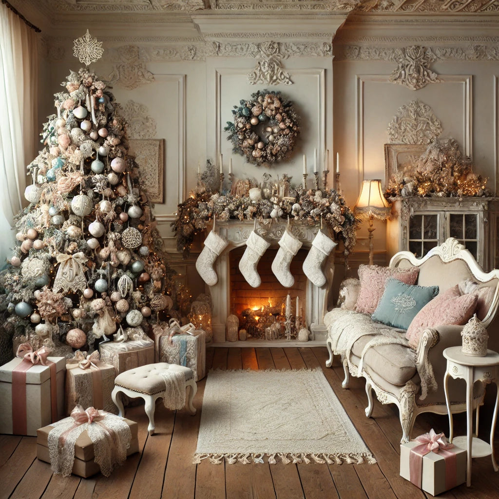 Salon shabby chic décoré pour Noël avec un grand sapin orné de boules pastel et une cheminée habillée de guirlandes lumineuses et de chaussettes, créant une ambiance festive, romantique et chaleureuse.