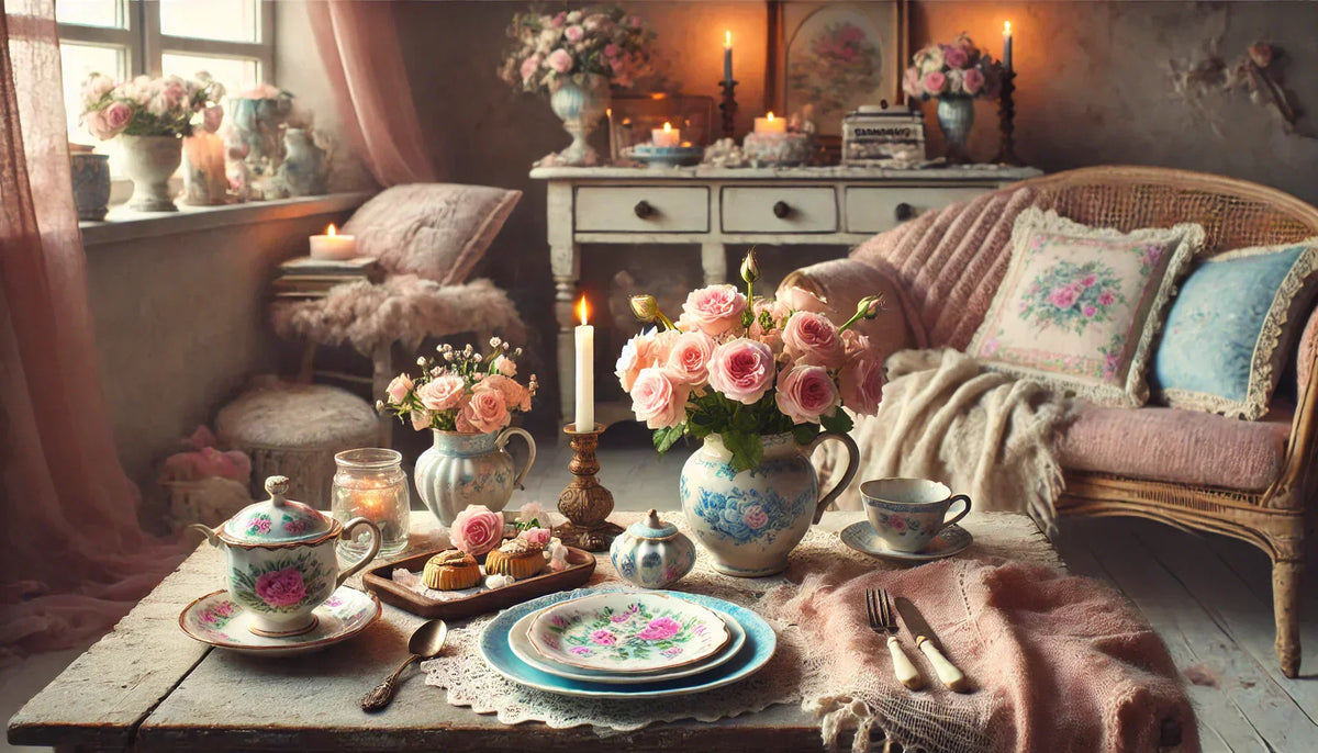 Ambiance romantique shabby chic pour la Saint-Valentin : une table élégante avec vaisselle vintage pastel, bougies et roses fraîches, accompagnée d’un coin cosy avec coussins et thé gourmand. Décor doux et chaleureux