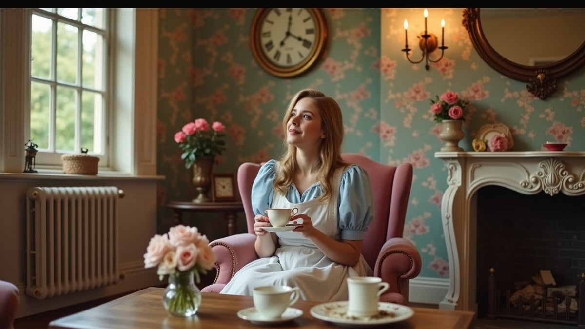 Jeune femme dans un fauteuil rose tenant une tasse de thé, dans un salon romantique à la décoration florale, ambiance inspirée d’Alice au pays des merveilles