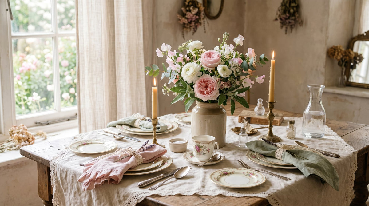 Table romantique shabby chic avec nappe claire, vaisselle délicate et bougies