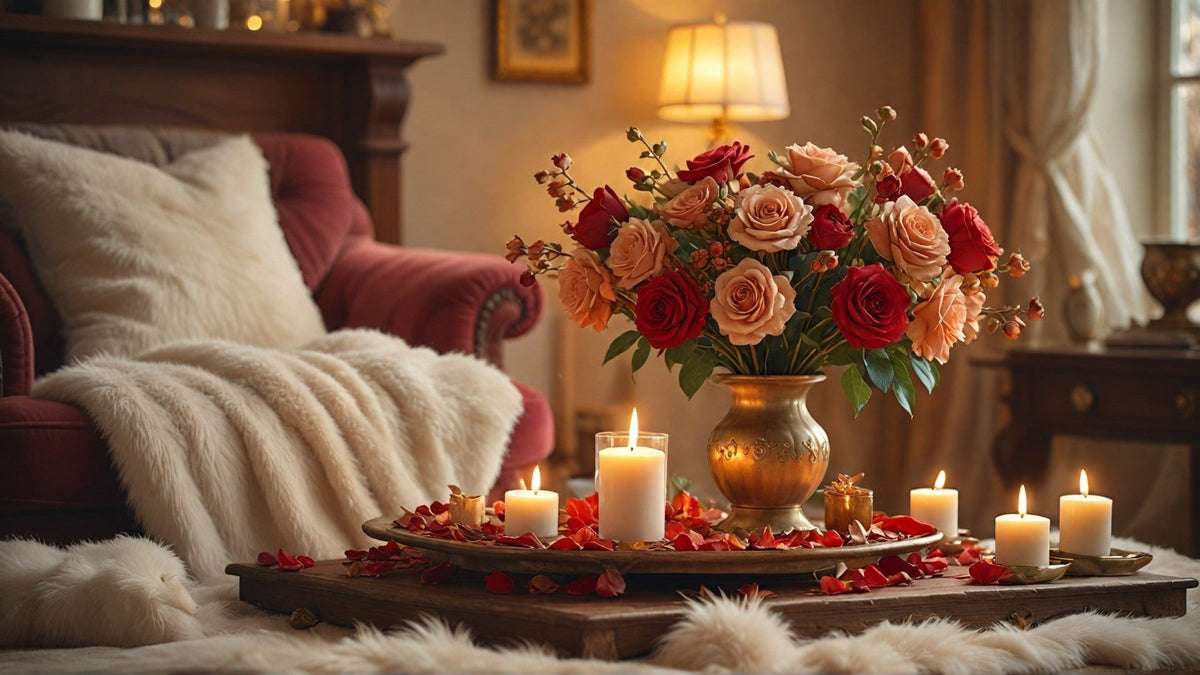 Ambiance romantique en intérieur avec des bougies parfumées allumées, des diffuseurs de parfum, des pétales de rose