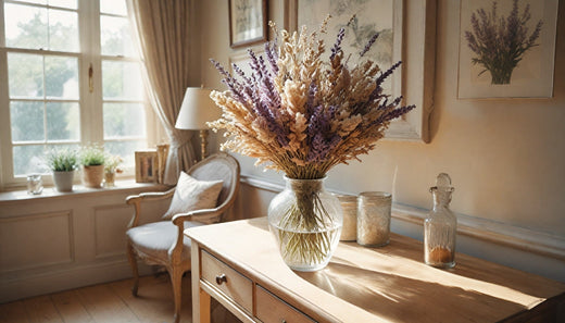 Un bouquet de fleurs séchées pastel dans un vase en verre soufflé, posé sur une console en bois clair près d’une fenêtre avec lumière naturelle.