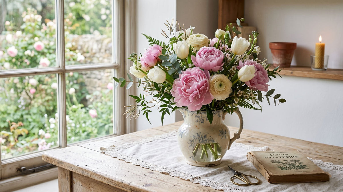 Bouquet printanier romantique dans un intérieur cottage lumineux