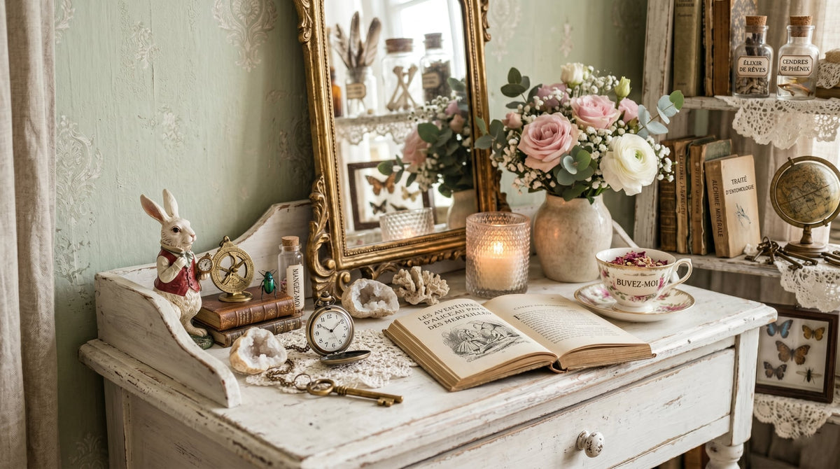 Cabinet de curiosités féérique inspiré d’Alice au Pays des Merveilles avec lapin blanc, montre ancienne et objets vintage