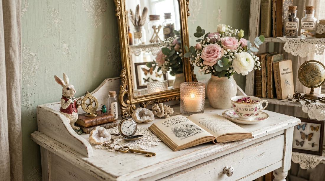 Cabinet de curiosités féérique inspiré d’Alice au Pays des Merveilles avec lapin blanc, montre ancienne et objets vintage