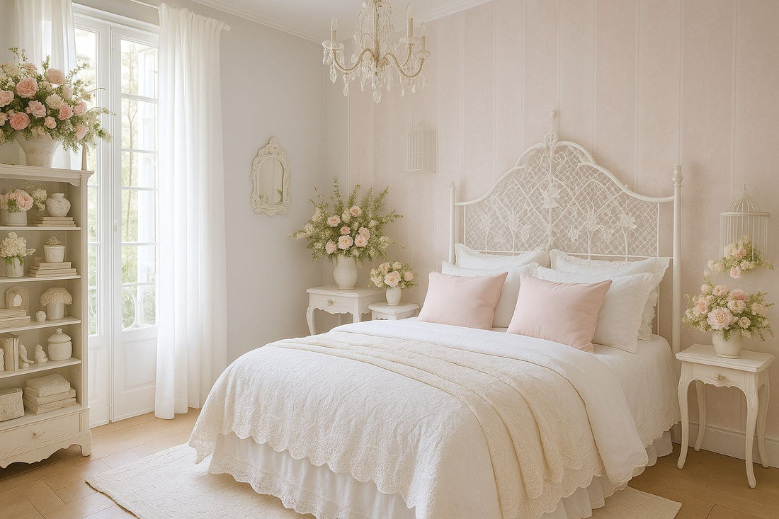 Chambre Shabby chic lumineuse avec lit blanc en fer forgé, superpositions de plaids et dentelles, fleurs pastel et décoration romantique