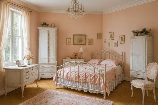 Chambre Shabby chic aux murs rose poudré, lit en fer forgé blanc, meubles patinés et textiles fleuris, baignée de lumière naturelle