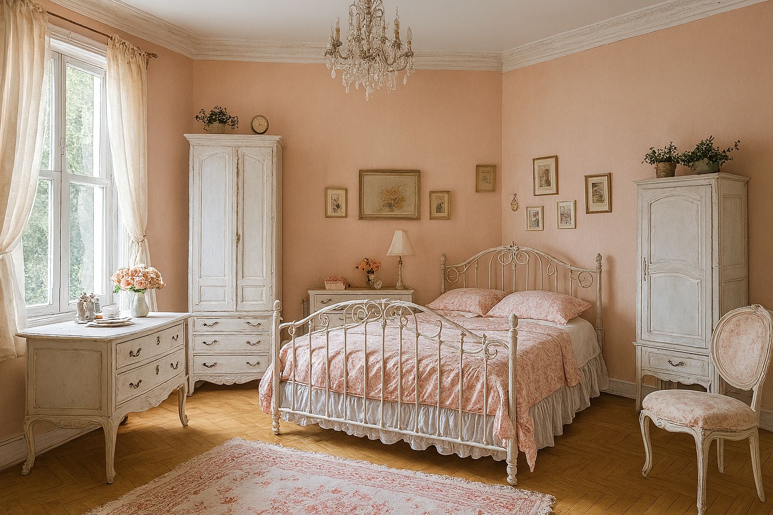 Chambre Shabby chic aux murs rose poudré, lit en fer forgé blanc, meubles patinés et textiles fleuris, baignée de lumière naturelle