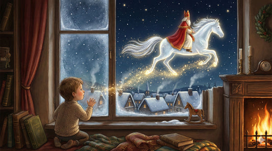 Cheval blanc traversant le ciel d’hiver dans une lueur douce, illustration inspirée de la légende de Saint Nicolas