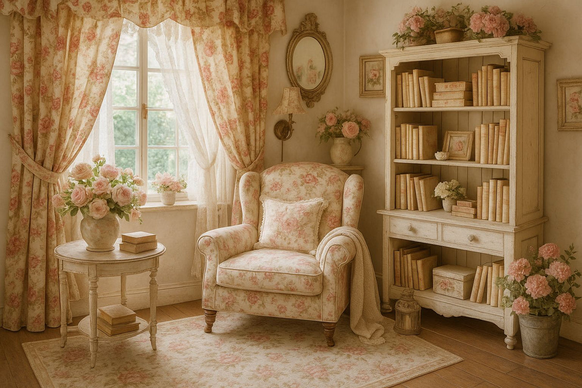 Coin lecture Shabby chic avec fauteuil vintage, coussins fleuris, rideaux en lin et lumière douce près d’une fenêtre