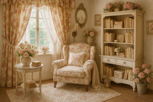 Coin lecture Shabby chic avec fauteuil vintage, coussins fleuris, rideaux en lin et lumière douce près d’une fenêtre