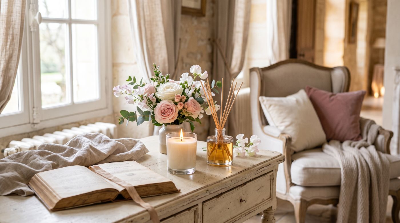 Bougie et parfum d’intérieur dans une maison romantique