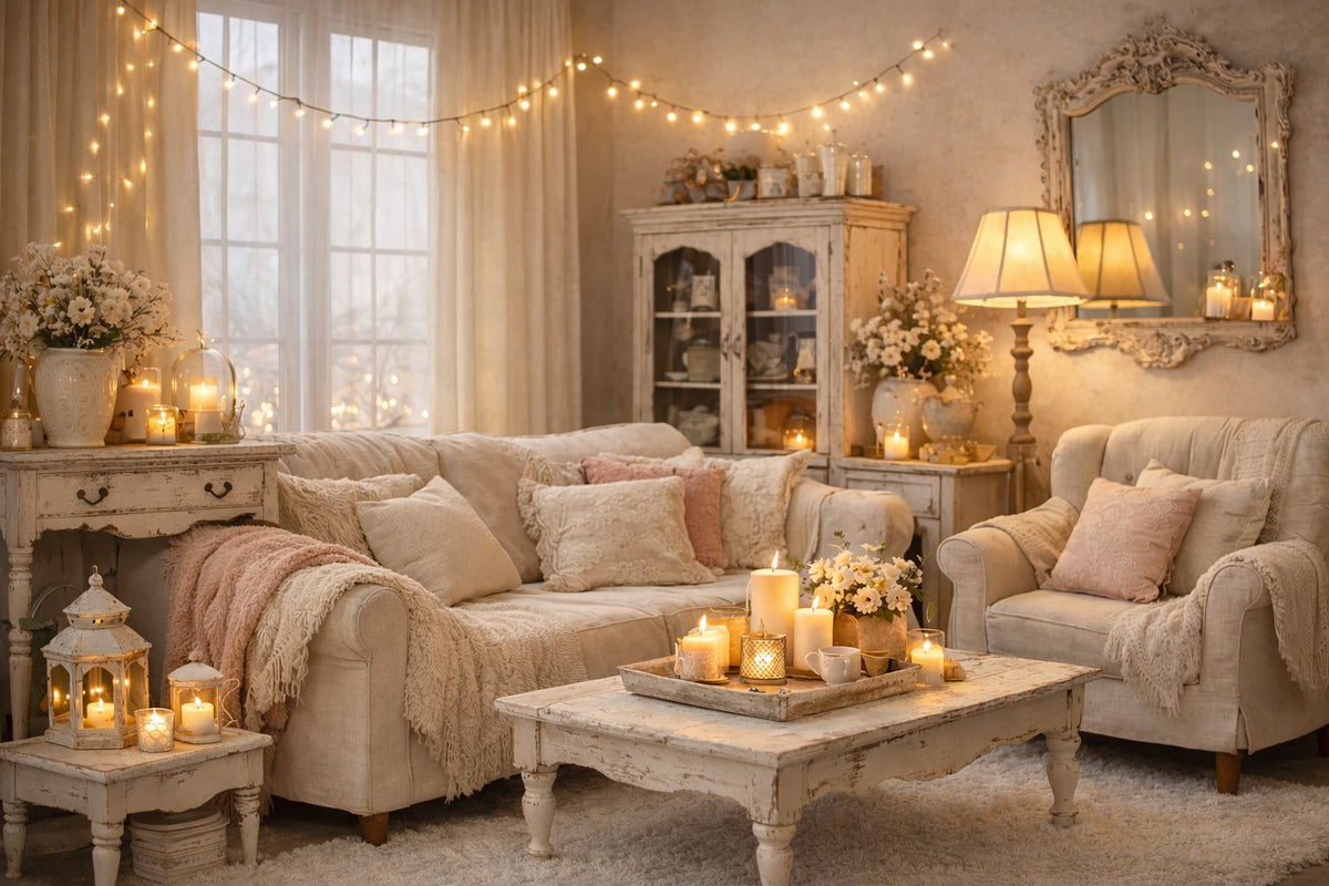 Salon shabby chic après Noël, ambiance chaleureuse et cocooning avec lumières douces, textiles romantiques et décoration hivernale élégante