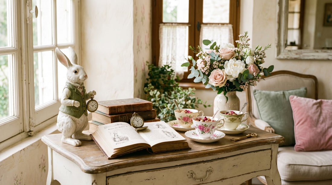 Décoration féérique inspirée d’Alice au Pays des Merveilles avec lapin blanc, tasses anciennes et fleurs pastel