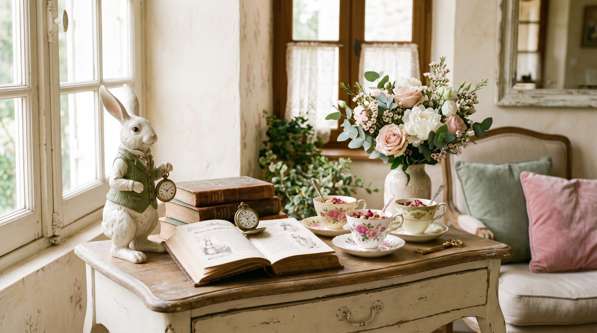 Décoration féérique inspirée d’Alice au Pays des Merveilles avec lapin blanc, tasses anciennes et fleurs pastel