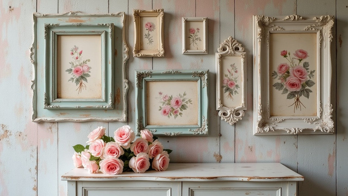 Mur décoré Shabby chic avec cadres patinés, peintures florales, miroir ancien et bouquet de roses, ambiance romantique en tons pastel.