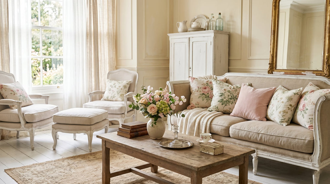 Salon lumineux de style shabby chic avec meubles patinés, fleurs, textiles doux et ambiance romantique.