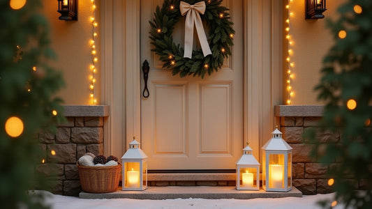 Entrée de maison décorée pour Noël dans un style shabby chic et romantique, avec couronne de sapin, lanternes blanches et guirlandes lumineuses, évoquant le charme et la féérie dès le seuil