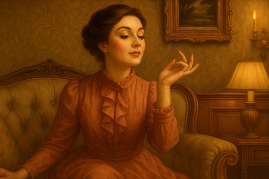 Femme élégante dans un décor raffiné, mimant une gestuelle maniérée pour illustrer l'expression "faire des chichis"