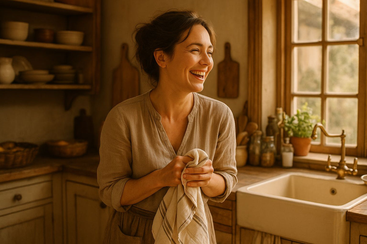Femme souriante en train de s’essuyer les mains avec un torchon dans une cuisine rustique baignée de lumière