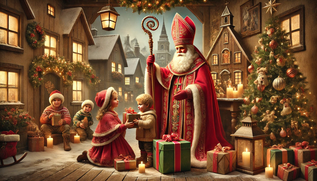 Illustration représentant Saint-Nicolas dans un cadre festif et chaleureux, entouré d’enfants recevant des cadeaux