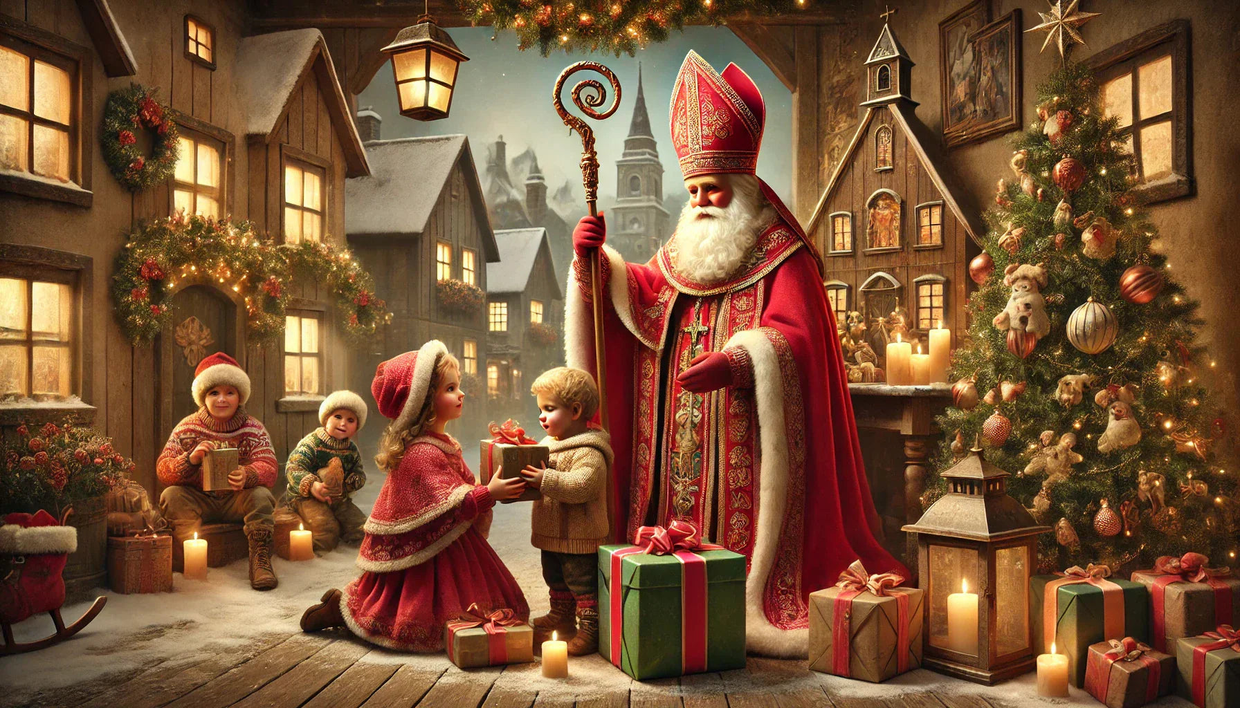 Illustration représentant Saint-Nicolas dans un cadre festif et chaleureux, entouré d’enfants recevant des cadeaux