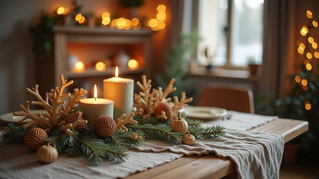 Décoration hivernale rustique avec des arbres en bois sculpté, des feuilles en relief et une ambiance chalet de montagne
