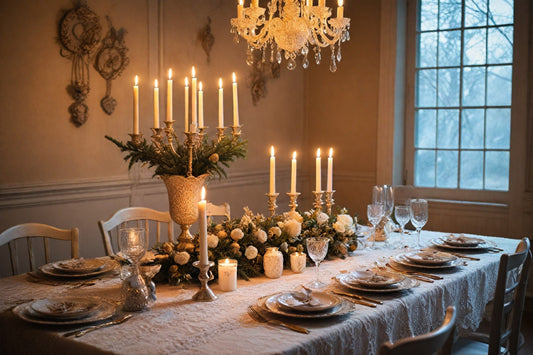 Une table de Noël élégante et romantique, décorée de bougies scintillantes, de nappe en dentelle, de touches dorées, et de détails vintage