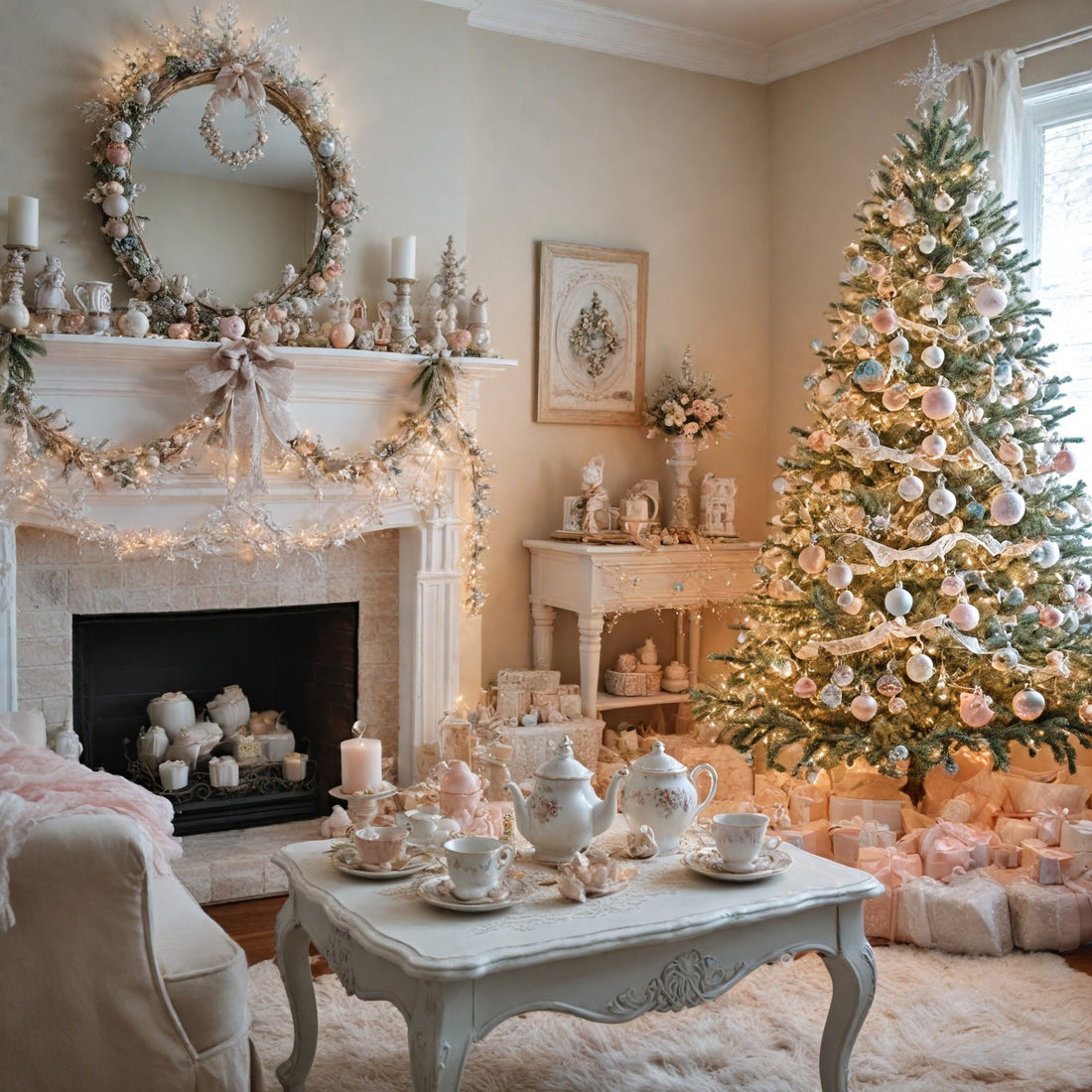 Ambiance de Noël shabby chic dans un salon avec un sapin décoré de boules pastel, une table à thé vintage et une cheminée ornée de guirlandes lumineuses. Le décor est doux, romantique et chaleureux.