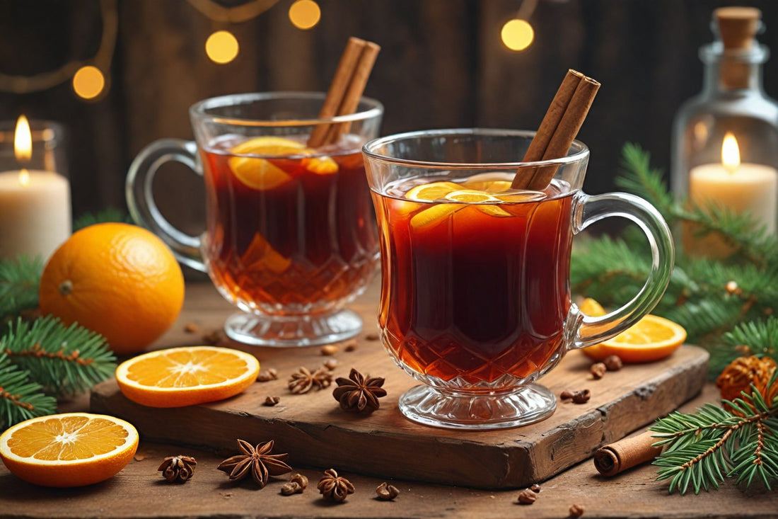 Verres de vin chaud aux épices avec rondelles d'orange, cannelle et badiane, disposés sur une table de fête de Noël, entourés de décorations festives et d'une lumière chaleureuse