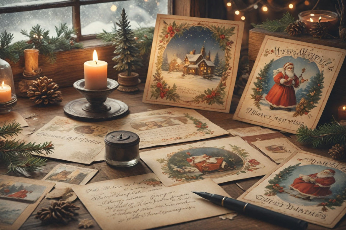 Table en bois rustique avec des cartes de Noël vintage partiellement rédigées, un stylo ancien et une bougie allumée, créant une ambiance chaleureuse et nostalgique