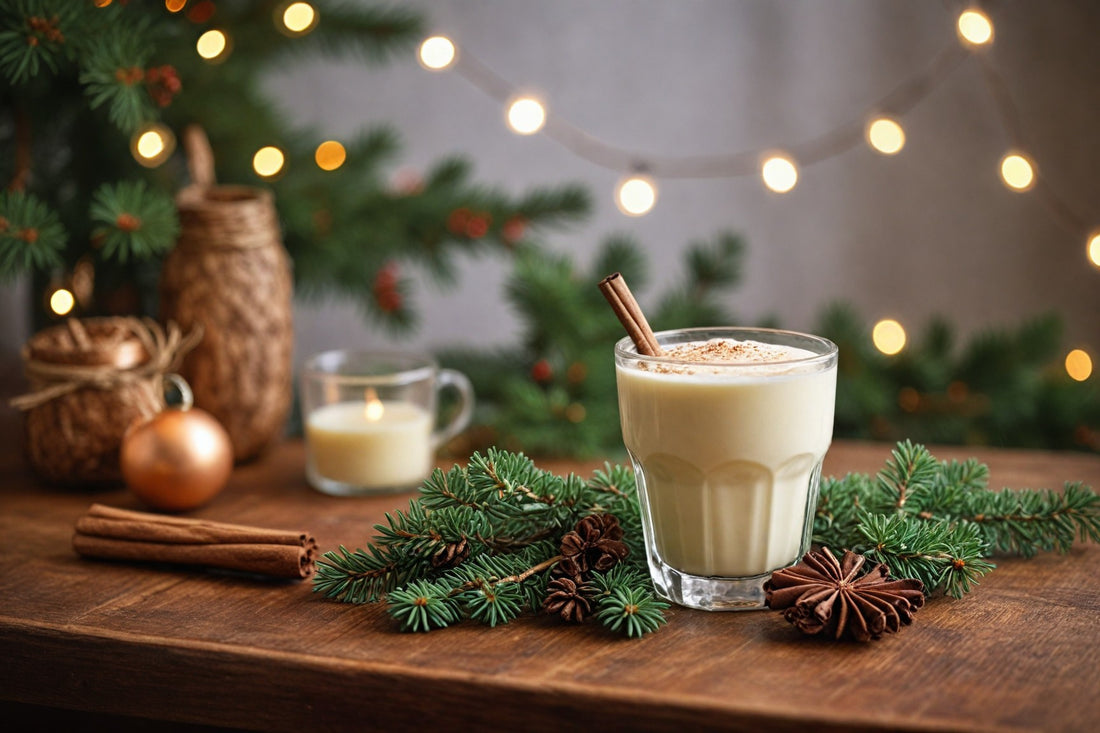 Verre de lait de poule maison vintage, avec décorations de Noël sur une table en bois